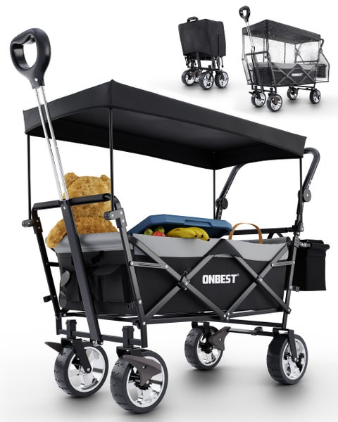 Faltbarer Bollerwagen Onbest mit Sonnendach, Schiebegriff und geländegängigen Rädern inklusive Regenverdeck.