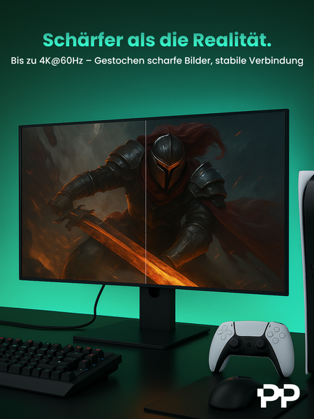 Computermonitor mit Spielgrafik, Tastatur, Maus und Spielkonsole auf einem Schreibtisch