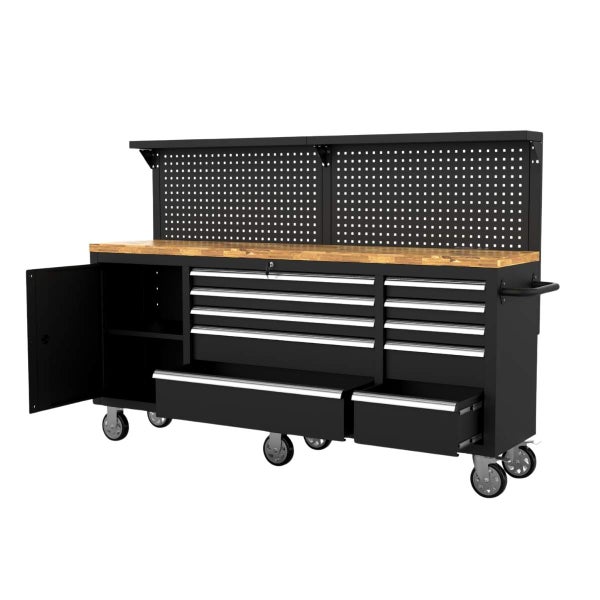 Werkbank mit Lochwand und Schubladen aus Metall und Holz