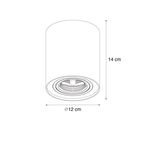 Technische Zeichnung einer Deckenleuchte, Durchmesser 12 cm, Höhe 14 cm