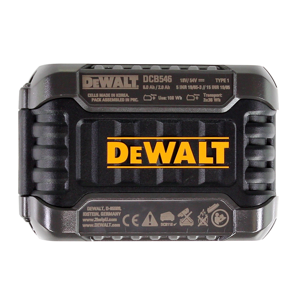 DeWalt Flexvolt Akku DCB546, 18 Volt oder 54 Volt, 6,0 Amperestunden oder 2,0 Amperestunden, Lithium-Ionen-Akku, DeWalt Logo.