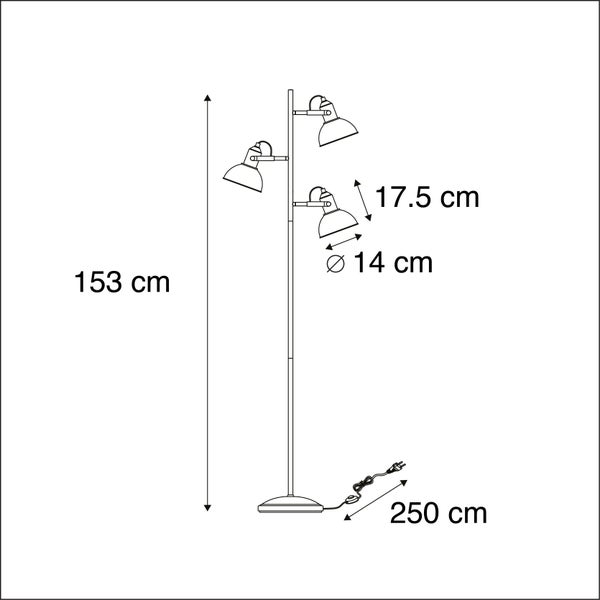 Abbildung einer Stehlampe mit den Maßen 153 cm Höhe, Lampenschirm mit 14 cm Durchmesser und 17,5 cm Länge, Kabellänge 250 cm.