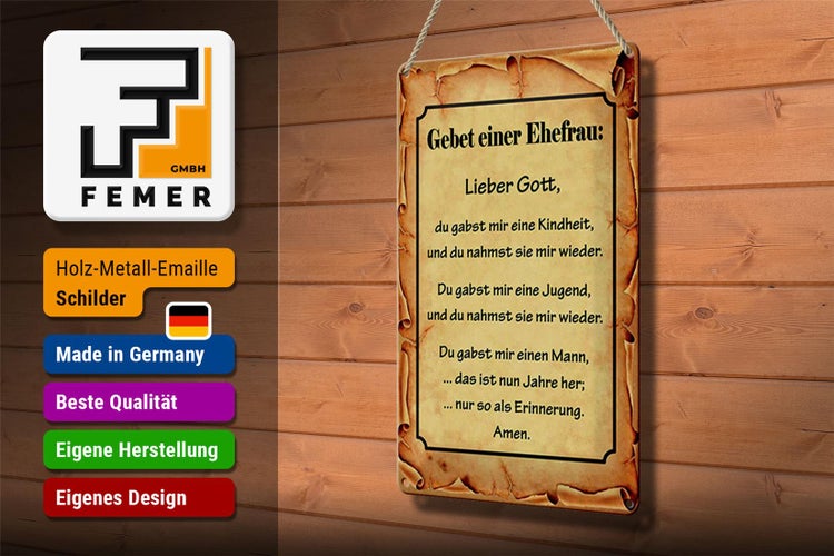 Blechschild Spruch 20x30cm Gebet einer Ehefrau Lieber Gott