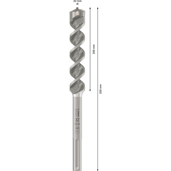 32 Millimeter Bosch Hammerbohrer mit SDS Max Aufnahme und einer Gesamtlänge von 320 Millimeter.