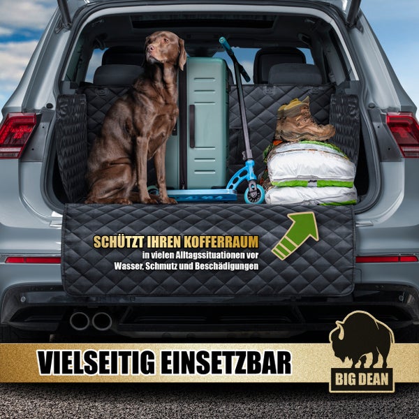 Auto mit Kofferraumschutzmatte, Hund, Reisegepäck, Tretroller und Pflanzenerde im Kofferraum