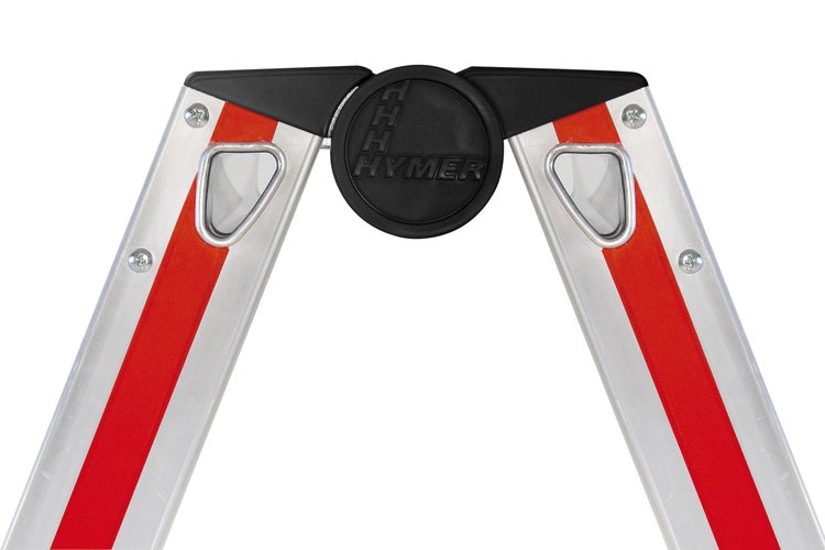 Detailansicht einer Hymer Leiter mit rotem Streifen und Hymer Logo