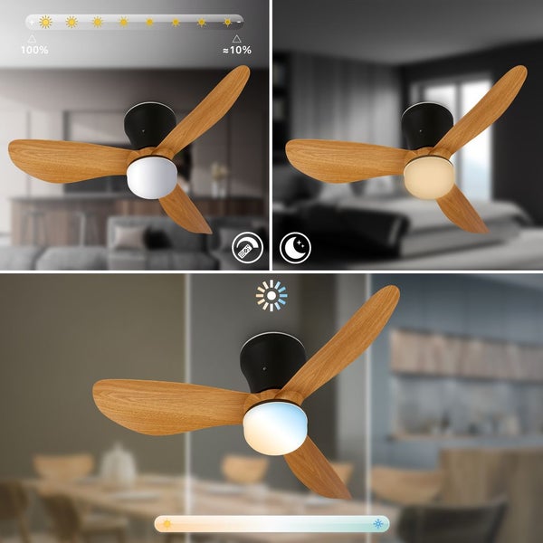Deckenventilator mit drei Holzflügeln und LED-Beleuchtung, dimmbar von 100 bis circa 10 Prozent mit einstellbarer Farbtemperatur und Nachtmodus.