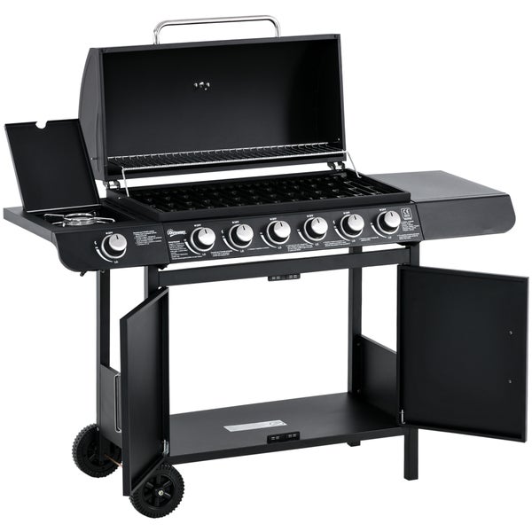 Outsunny Gasgrill, BBQ Grillwagen, mit 6 Brennern, 1 Seitenbrenner, 135 x 50 x 100 cm, Metall, Schwarz