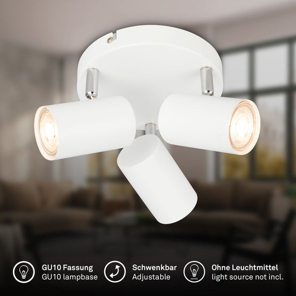 Weiße Deckenleuchte mit drei verstellbaren Strahlern, GU10 Fassung, schwenkbar, ohne Leuchtmittel.