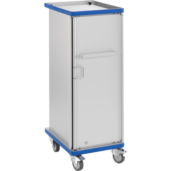Mobiler Aluminium-Schrank mit einer Tür, Lenkrollen und blauen Kanten.
