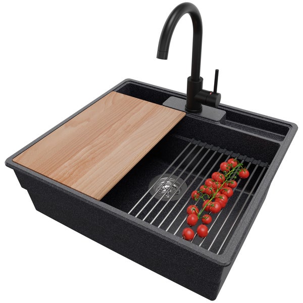 PRIMAGRAN Granitspüle Anthrazit 58x53cm, Spülbecken 1 Becken + Küchenarmatur 32x20cm + Ablauf-Set + Küchenzubehörset, Küchenspüle ab 60er Unterschrank - New York