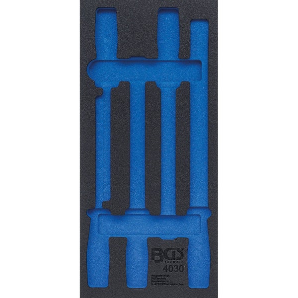 Werkzeugeinlage aus Schaumstoff mit verschiedenen Aussparungen zur Werkzeugorganisation und BGS Technic Logo.