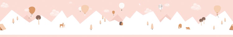 Dekorative Bordüre mit Berglandschaft, Heißluftballons und Wildtieren