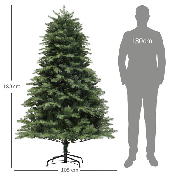 Künstlicher Weihnachtsbaum mit einer Höhe von 180 Zentimetern und einer Breite von 105 Zentimetern, im Vergleich zu einer 180 Zentimeter großen Person.