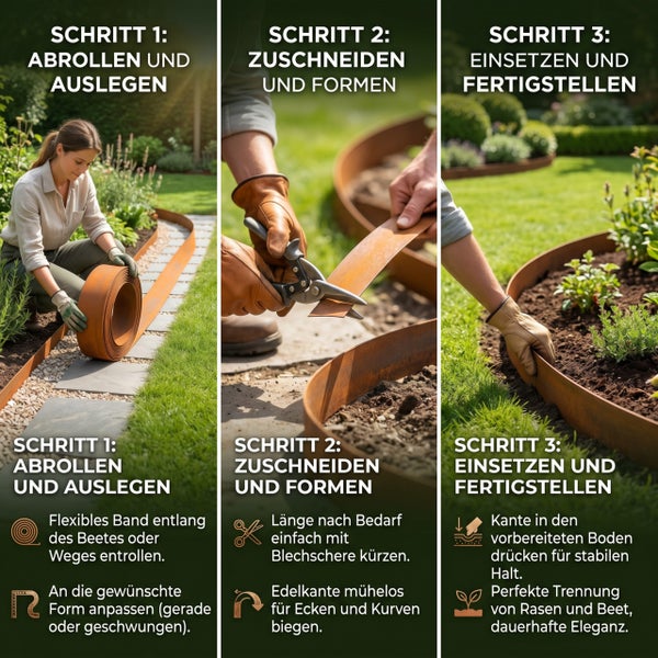 Anleitung zur Installation einer flexiblen Metall-Beeteinfassung: Abrollen, Zuschneiden mit Blechschere und Einsetzen in den Boden.