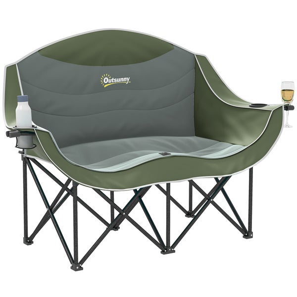 Faltbarer Campingdoppelsessel Outsunny mit zwei Getränkehaltern und stabilem Metallgestell für den Außenbereich.