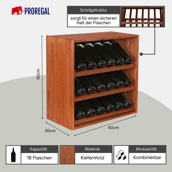 Weinregal aus Kiefernholz für 18 Flaschen mit Schrägstruktur, Maße 60 mal 60 mal 30 Zentimeter, kombinierbar. ProRegal Logo.