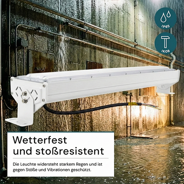 Wetterfeste und stoßfeste LED-Feuchtraumleuchte in Weiß, Schutz gegen starkes Regenwasser und mechanische Einwirkung mit IP65 und IK08.