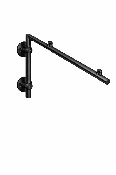 Wandmontierter Haltegriff aus schwarzem Metall mit zwei Haken für das barrierefreie Badezimmer.