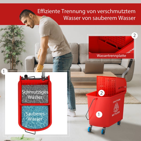 Ein Mann wischt in einem Wohnzimmer. Daneben ein Putzwagen mit Trennsystem für Schmutzwasser und sauberes Wasser sowie einem integrierten Wischer. 
