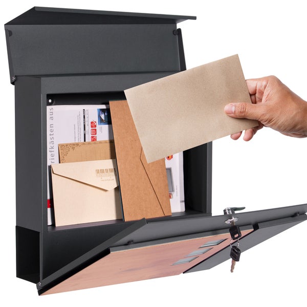 ML-Design Briefkasten 37x36,5x11 cm Anthrazit/Holzoptik aus Stahl, Postkasten mit Zeitungsfach, Abschließbar mit 2 Schlüssel, Moderner Design Wandbriefkasten mit Zeitungsrolle, Mailbox für Wandmontage