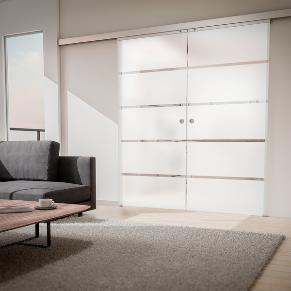 Tür doppelflügelige Schiebetür Komplettset Glas Blockstreifen 1760x2035 Zimmertür Glasschiebetür -  Griffmuschel