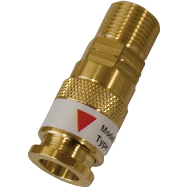 Messing-Kupplung mit Außengewinde und Kennzeichnungsetikett mit Pfeilsymbol.