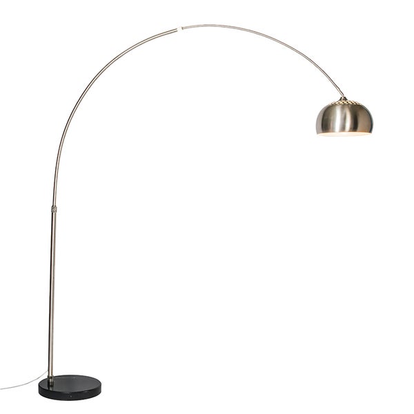 QAZQA - Modern Bogenlampe Stahl I Silber I nickel matt Metallschirm 33 cm verstellbar - XXL I Wohnzimmer - Stahl Länglich - LED geeignet E27