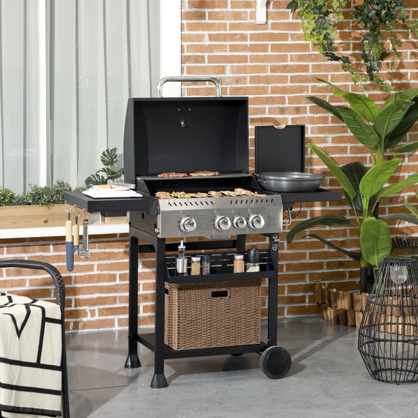 Outsunny Gasgrill 3 KW 3+1 Brenner BBQ Grillwagen aus Edelstahl inkl Seitenbrenner Thermometer Grillrost Kochfeld Flaschenöffner Seitenablagen Gas-Grill für Balkon Camping 123 x 52 x 101cm