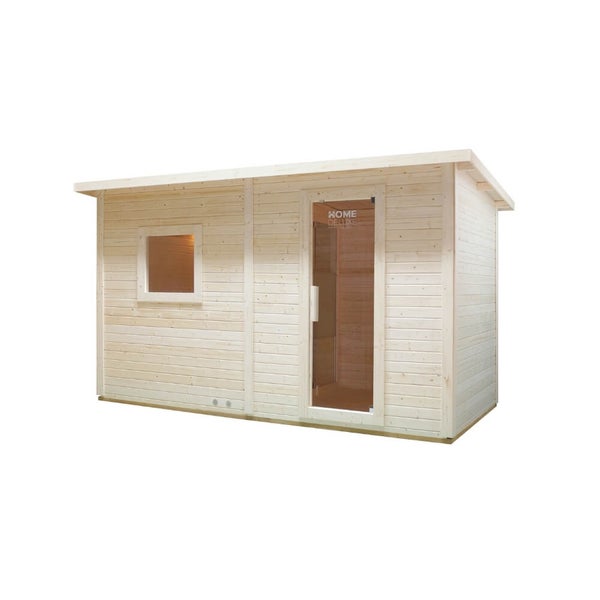 Gartensauna aus Holz mit Pultdach, Fenster und Glastür von Home Deluxe Logo, für den Außenbereich geeignet.