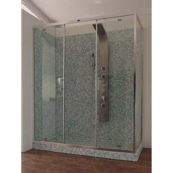 Duschkabine mit Glasschiebetüren und Duschpaneel vor einer Mosaikwand