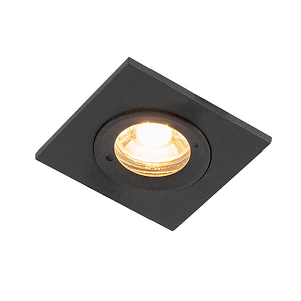 Quadratischer Einbaustrahler in Anthrazit mit runder, leuchtender Lichtquelle in der Mitte.