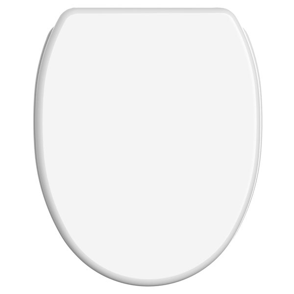 Weißer WC-Sitz mit Deckel in ovaler Form.