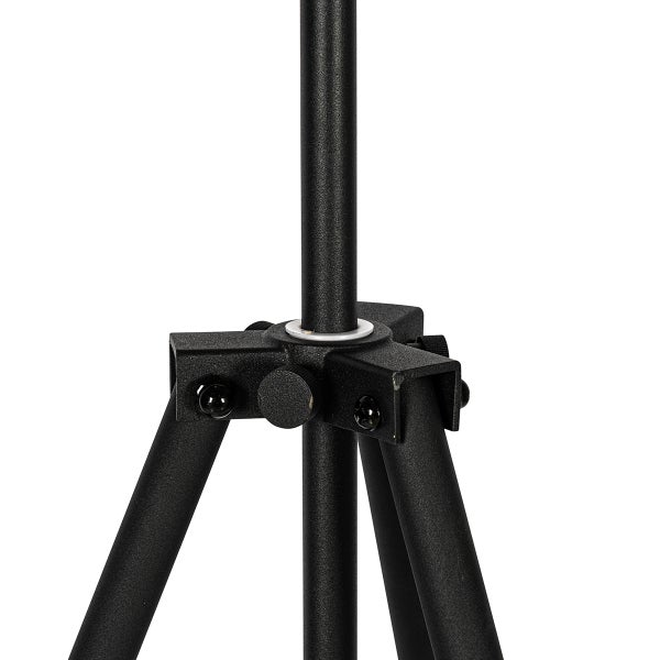 Detailansicht eines schwarzen Stativs mit Drehknopf zur Befestigung