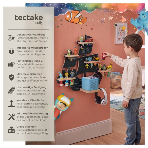 Wandregal in Piratenschiffoptik von Tectake für Tonieboxen und Figuren mit integrierten Magnetstreifen und Kopfhörerhalterung im Kinderzimmer