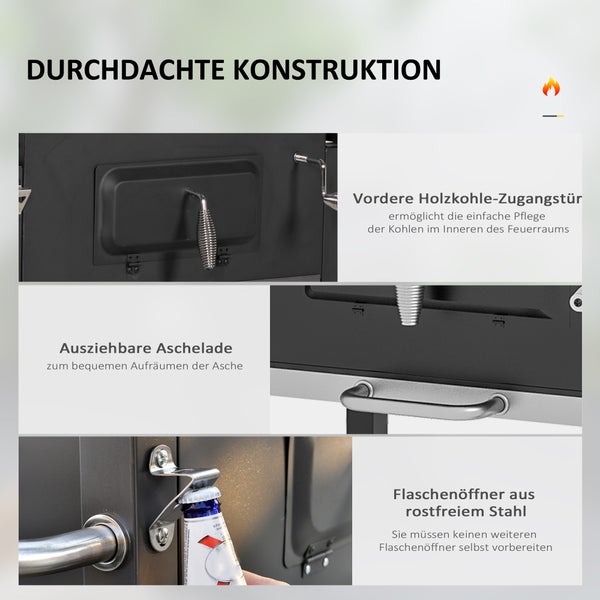 Outsunny Holzkohlegrill, Grillwagen, 113 x 65 x 108 cm, Edelstahl, Schwarz