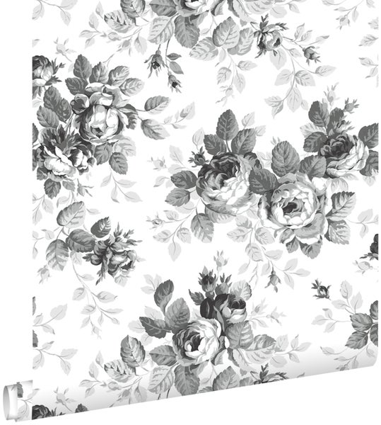 ESTAhome Tapete Rosen Schwarz und Weiß - 53 cm x 10.05 m - 138112
