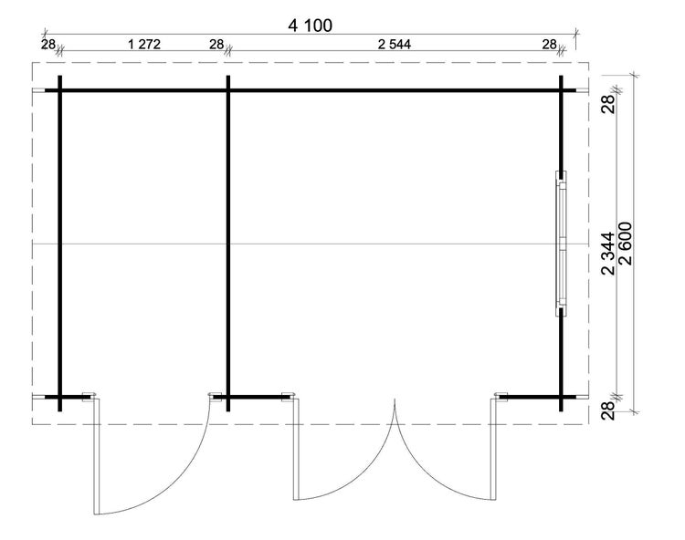 Technischer Grundriss eines Gartenhauses mit zwei Räumen, Einzeltür, Doppeltür und Fenster. Wandstärke 28 Millimeter.