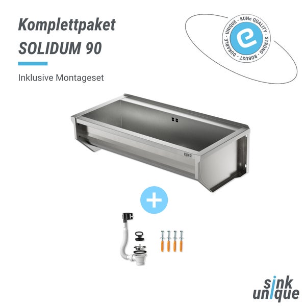 Edelstahl-Ausgussbecken Solidum 90 Komplettpaket inklusive Montageset mit Siphon, Befestigungsmaterial, Qualitätssiegel und sink unique Logo.