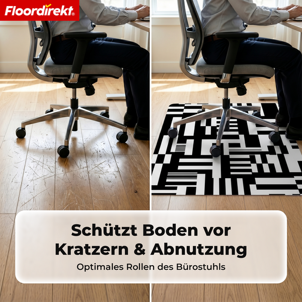 Floordirekt Logo. Vergleich: Bürostuhl auf Parkett ohne Matte mit Kratzern versus geschützter Boden mit Floordirekt Bodenschutzmatte mit Muster.