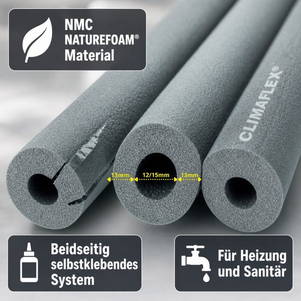 Climaflex Rohrisolierung aus Naturefoam Material mit 13 Millimeter Isolierstärke für Heizung und Sanitär Installationen.