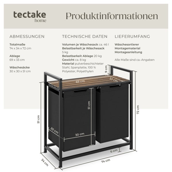 Wäschesortierer tectake  höhenverstellbare Kunststofffüße Industrial-Style, 2 oder 3 ausziehbare Fächer schwarz/braun