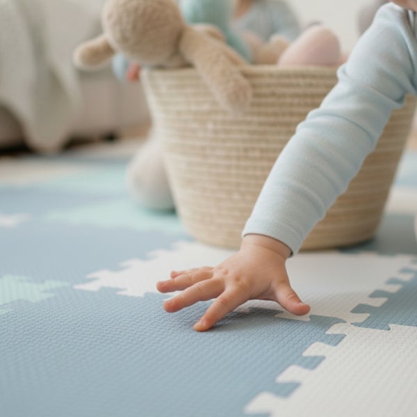 Kind spielt auf einer Puzzlematte mit ineinandergreifenden Elementen neben einem Aufbewahrungskorb aus Textil.