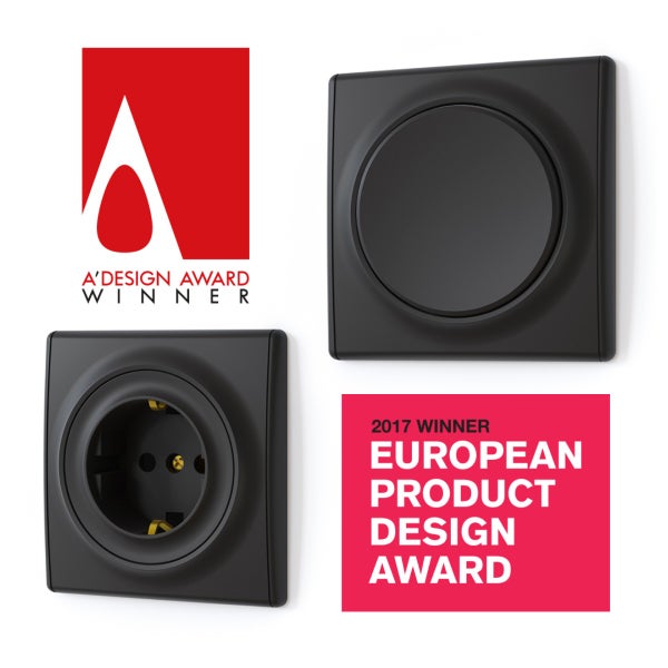 Set aus Lichtschalter und Steckdose mit A Design Award und European Product Design Award Auszeichnung