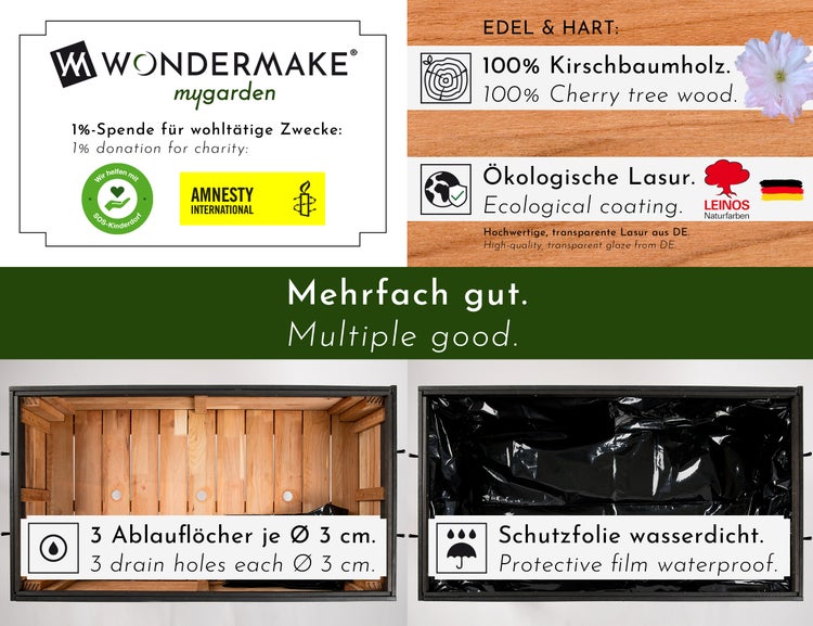 Produktmerkmale: 100 Prozent Kirschbaumholz, ökologische Lasur, drei Ablaufloecher mit jeweils drei Zentimetern Durchmesser, wasserdichte Schutzfolie