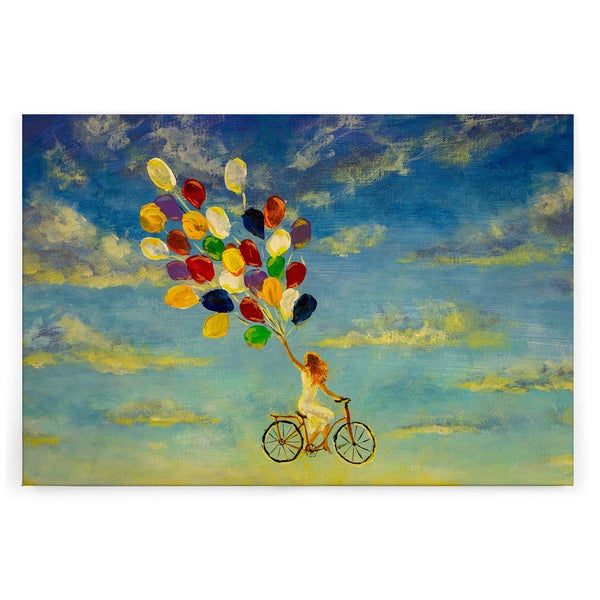 Wandbild mit einem Gemälde einer Frau auf einem Fahrrad, die viele bunte Luftballons in den Himmel hält.