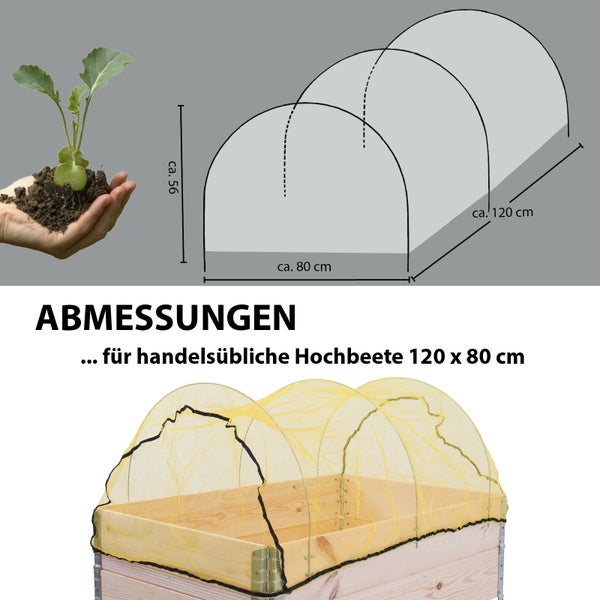 Abmessungen eines Hochbeet-Schutznetzes für Hochbeete 120 mal 80 Zentimeter