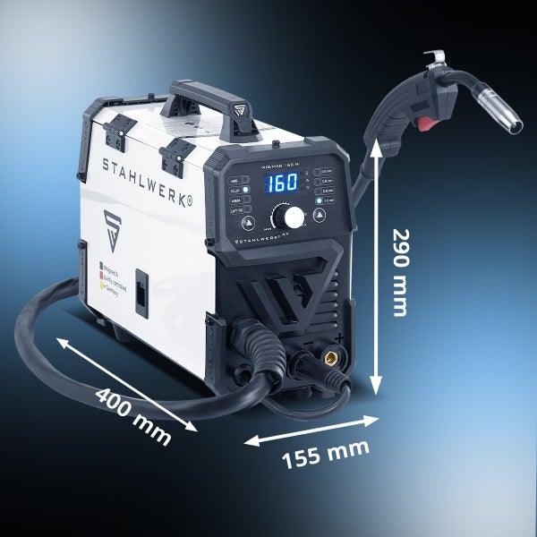 Stahlwerk MIG MAG 160 M Schweißgerät mit den Maßen 400 mm x 155 mm x 290 mm