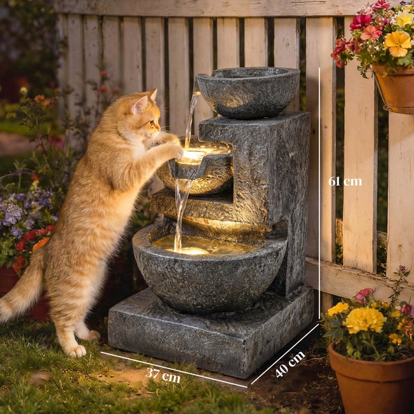 Beleuchteter Gartenbrunnen in Steinoptik mit drei Ebenen, Höhe 61 Zentimeter, Breite 37 Zentimeter, Tiefe 40 Zentimeter, in einer Gartenlandschaft.