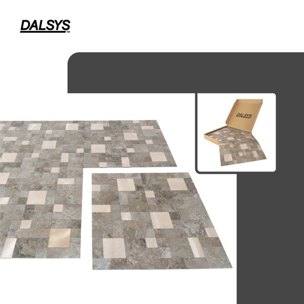DALSYS Wandpaneele mit Mosaik-Muster in Naturstein-Optik, Produktverpackung und DALSYS Logo.